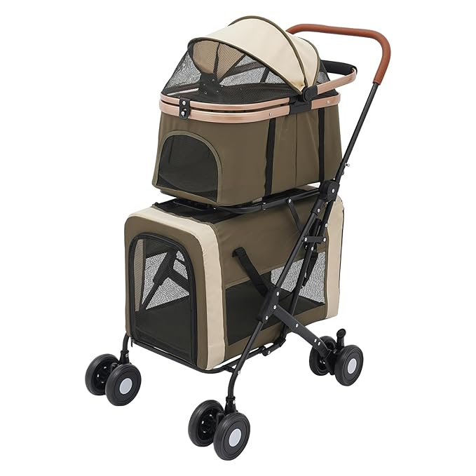Double Pet Stroller for Small Medium Dogs & Cats, 3 In1 Detachable Pet Strollers with 2 Carriers and 360° Wheels, 77 Lbs Capacity Outdoor Cat Dog Carts Lightweight (Dark Green)