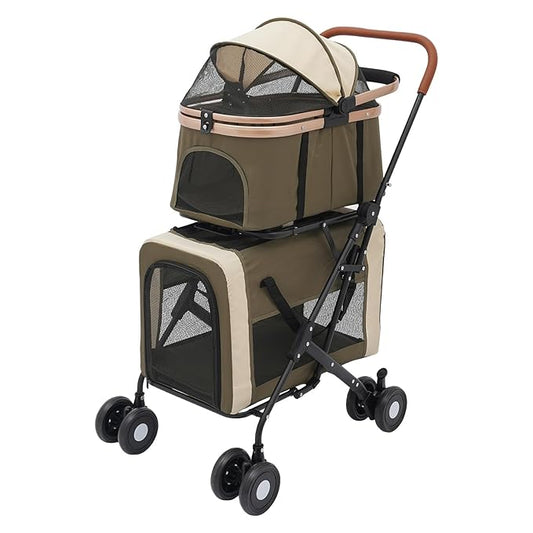 Double Pet Stroller for Small Medium Dogs & Cats, 3 In1 Detachable Pet Strollers with 2 Carriers and 360° Wheels, 77 Lbs Capacity Outdoor Cat Dog Carts Lightweight (Dark Green)
