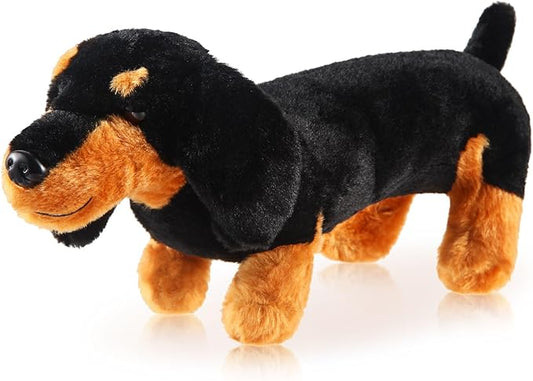 Dachshund Dog Plush Stuffed Animal Sausage Dog Soft 3D Pom Plush for Girls Birthday Xmas Gift Bedtime Rest Chair Bolster Nursery Decoration (Black and Tan)