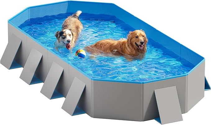 Peteast Foldable Dog Pool with Sturdy Square Design, Durable 82" Lx46 Wx12 D Extra Large Portable Pet Bathtub with Reinforced Sidewalls for Stability, Ideal for Indoor & Outdoor Use (Blue&Gray)