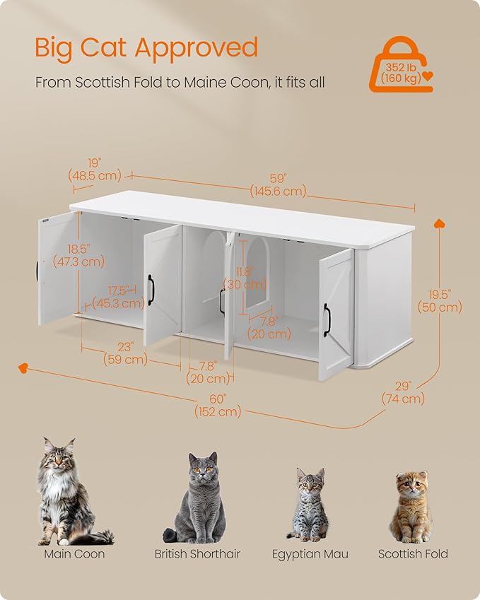 Feandrea Double Cat Litter Box Enclosure, Modern Litter Box Furniture Hidden for 2 Cats, Front Entry, Cat House, Side End Table, TV Stand, 59 x 19 x 19.5 Inches, Cloud White UPCL010W01