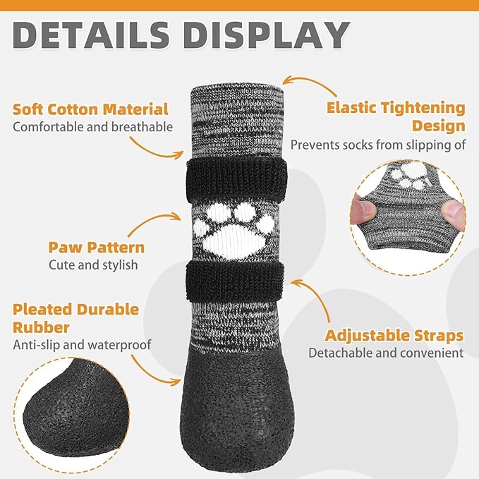 KOOLTAIL Anti Slip Dog Socks to Prevent Licking Paws for Hot/Clod Pavement,Waterproof Long Snow Dog Boots&Paw Protectors with Straps Traction Control for Hardwood Floor for Small Medium Large DogsL