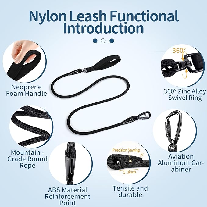 6FT Rope Dog Leash for Medium Large Dogs, Tangle-Free with 360° Swivel & Auto-Locking Aviation Aluminum Carabiner, Thick Nylon Training Lead for Walking, Hiking, Running (Black)