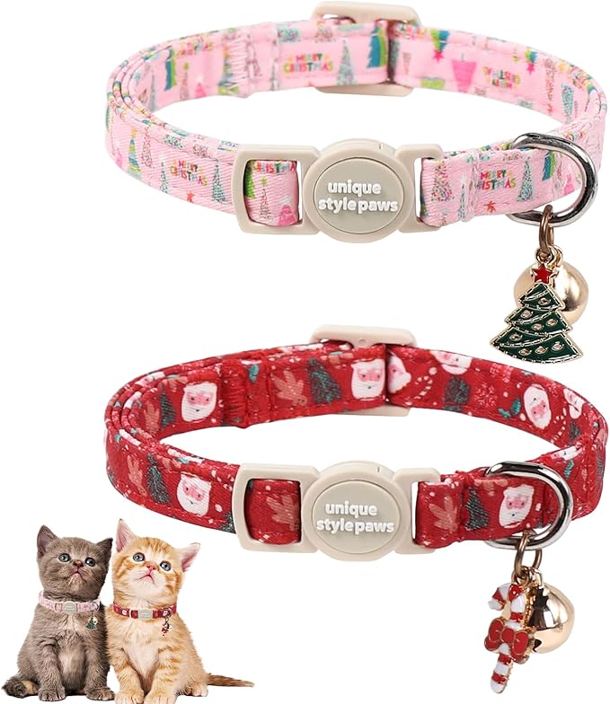 Christmas Cat Collar,Unique Style Paws Kitten Collars,Cute Cats Collar with Bell,Adjustable Kitten Collar Breakaway Buckle with Santa Claus,Christmas Tree Pattern,Ideal Gift for Boy Girl Cats