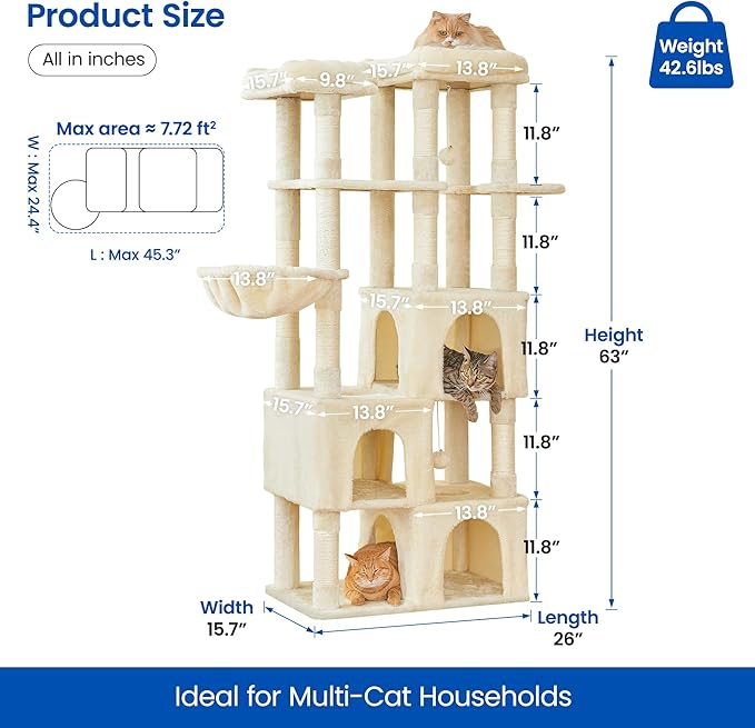 MWPO Large Cat Tree for Indoor Cats, 63-inch Cat Tower with 3 Cat Condos, Scratching Posts, Padded Perches, Hammock, Dangling Toys, Beige