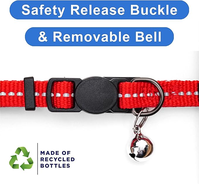 Pawtitas Recycled Cat Collar with Reflective Stitched and Safety Buckle Removable Bell Reflective Cat Breakaway Collar Made from Plastic Bottles - Red Chili Cat Collar.