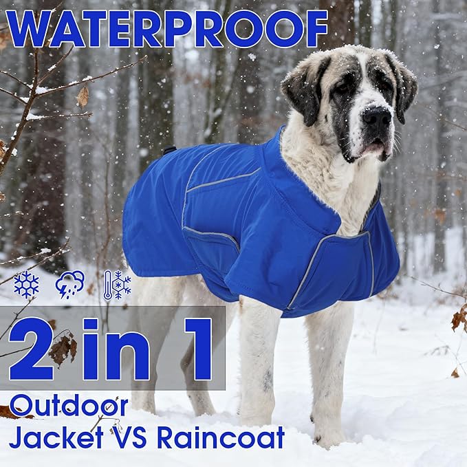 ROZKITCH Dog Rain Jacket, Waterproof Jacket with Fleece Liner and Leash Hole Reflective Strip for Small Medium Dog, Adjustable Winter Coats Poncho Vest for Outdoor Hiking Travel Blue M