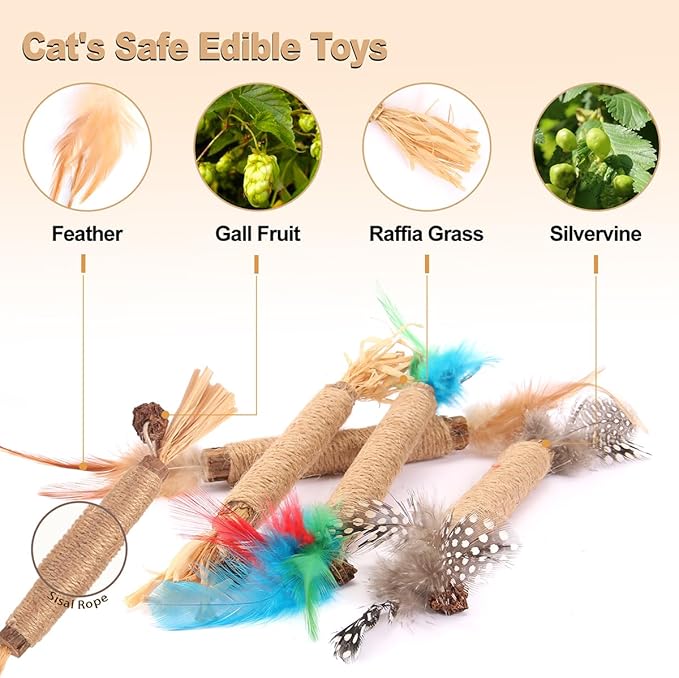 Cat Toys Cat Chew Toys, Silvervine Sticks Catnip Rope Toys for Cats Teeth Cleaning, Kitten Dental Care, Kitty Toys for Indoor Cats Increase Appetite,Enhances Oral & Dental Health (4 Pack)