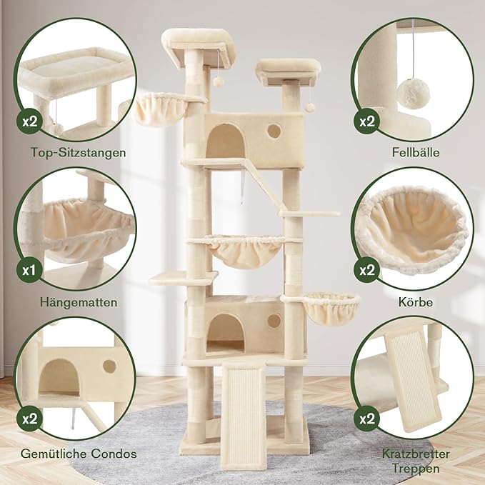 MUTICOR 81 inches Multi-Level Tall Cat Tree Tower for Indoor Kitties/Large Climbing Tree House for Big Feline/Condo/Sisal Scratching Posts/Plush Perches Platforms/Basket Hammock/Beige