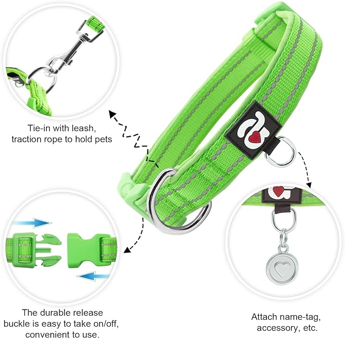 azuza Reflective Dog Collar, Soft Neoprene Padded Pet Collar with ID Tag Ring, Adjustable for Small Dogs,Green,S