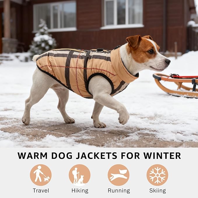 SCENEREAL Winter Dog Vest Coat with Harness Built in, Warm Puppy Jacket for Small Medium Dogs, Cold Weather Coat with Zipper, Fleece Puffer Vest Windproof Snow Clothes, Beige Plaid M