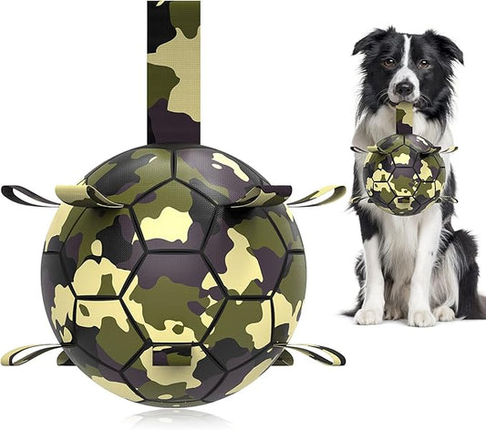 QDAN Dog Toys Soccer Ball, Interactive Toys for Tug of War, Dog Water Toy, Durable Dog Balls for Medium Large Dogs, Camouflage(8 inch)