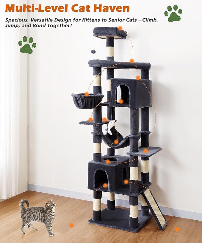 AMHANCIBLE Heavy Duty Cat Tree for Indoor Cats Large Adult 20 lbs+, 83 Inch Multi-Level Tall Cat Tower with Scratching Post and Board, Hammock, Condos, Hanging Basket, Dark Grey, PT21DG