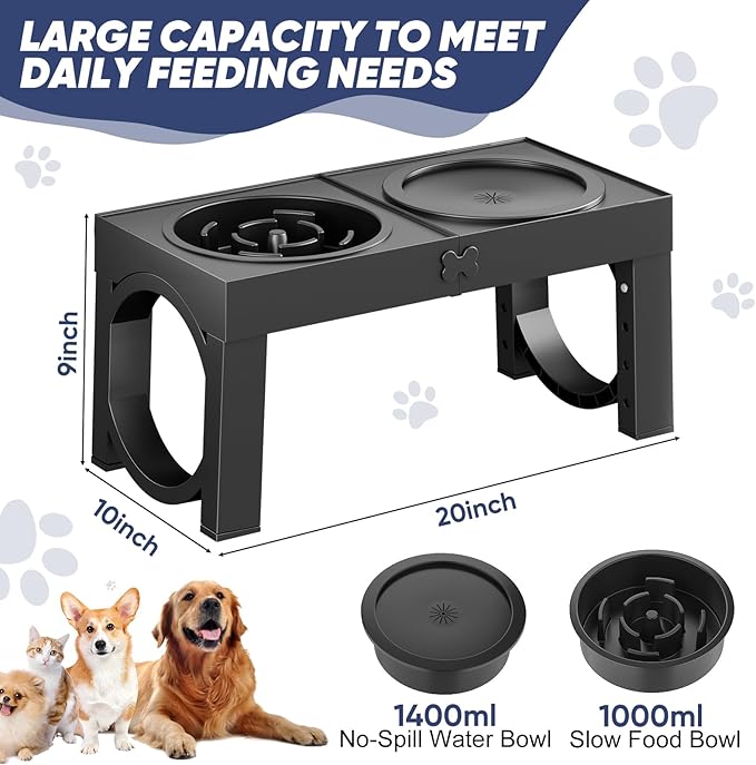 XIAZ Slow Feeder Dog Bowl Elevated Food and Water Bowl Stand for Large Medium Sized Dog, 4 Heights Adjustable, Non-Slip, Durable, Prevents Bloating & Improves Digestion for Dogs