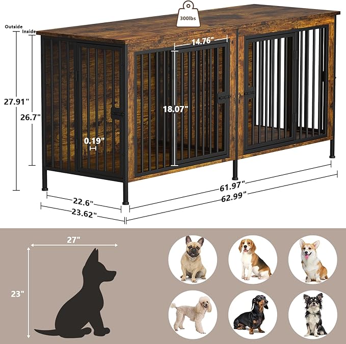 EasyCom Dog Crate Furniture for 1 or 2 Dogs, Heavy Duty Single/Double Dog Crates for Small/Medium/Large Dogs, Dog Kennel Furniture Indoor as TV Stand, Medium Size 63" L(20-35 Pounds), Brown