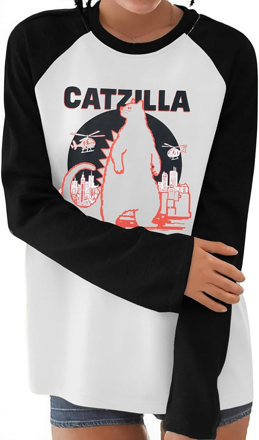 JINTING Cat Shirts for Women - Loose Fit Lightweight Long Sleeve Graphic Tee Fall Printed Crewneck Blouse Casual Tops