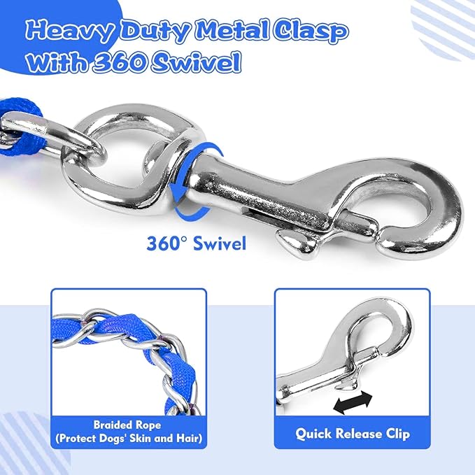 Heavy Duty Metal Dog Chain Leash with Comfortable PU Leather Padded Handle, Chew Proof, 6ft 3.0mm Blue