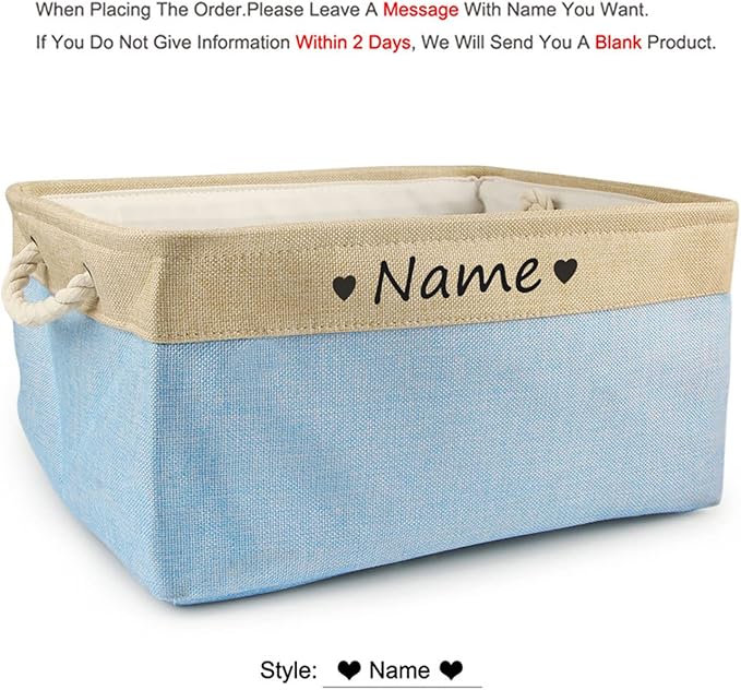 Personalized Dog Toy Box, Dog Toy Basket Storage with Cotton Handle, Customized Name and Paw Heart Print Puppy Toy Bin for Organizing Food Clothes and Pets Accessories(Heart Light Blue)