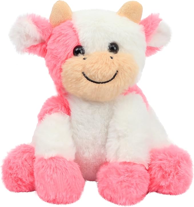 Hopearl Adorable Plush Cow Toy Floppy Dairy Cattle Soft Stuffed Animal Cute Birthday Gifts for Boys Girls Kids Toddlers, Strawberry Pink, 9''