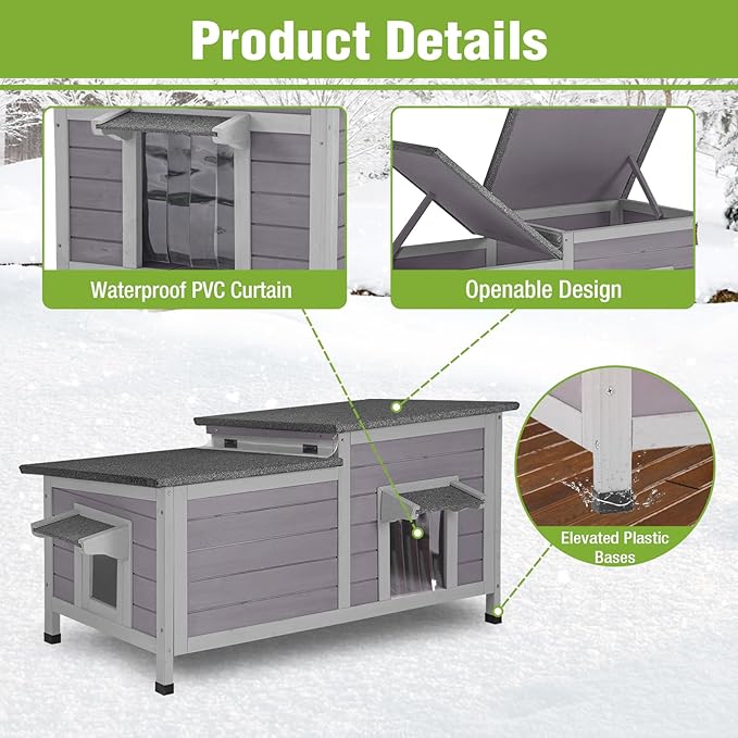 GUTINNEEN Large Heated Cat House Outdoor Insulated Cat House Weatherproof Feral Cat Shelter with Thermostat-Controlled Heating Pad, 6-Sided Thermal Liner for 1-4 Feral Stray Barn Cats (Winter-Ready)