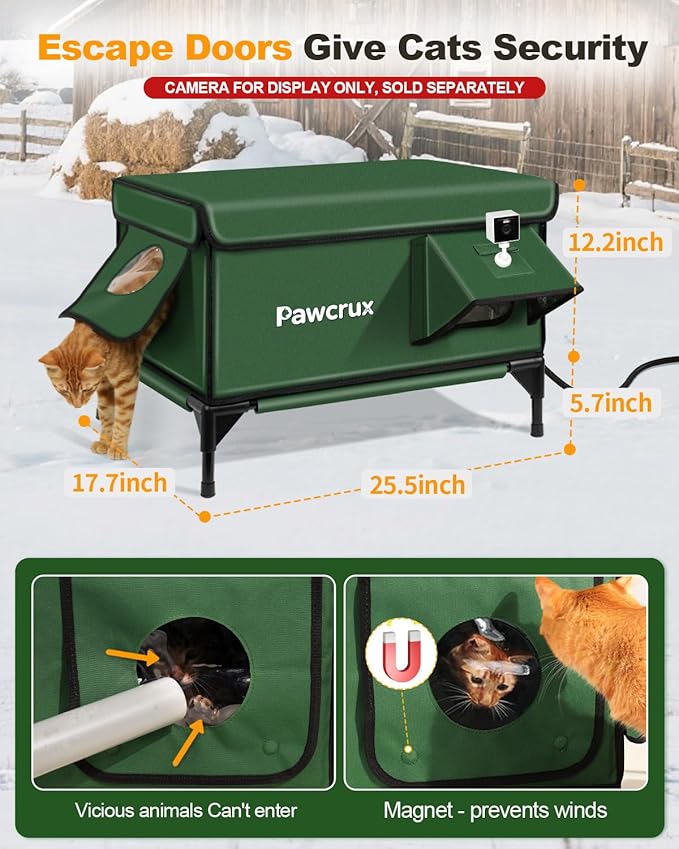 Weatherproof Heated Cat House for Outdoor in Winter, Heated Cat Bed Kitty Shelter with Cat Heating Pad, Insulated & Safe Escape Door, Warm House for Outside Stray Cat(Green, 17.7"x25.5"x17.9")