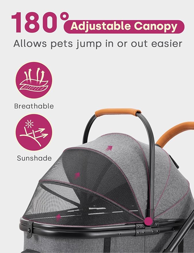 Dog Stroller for Small Medium Dogs Up to 60lbs, 4 Wheels Folding Pet Stroller with Detachable Carrier, Pet Travel Carrier for 2 Dogs & Cats, Storage Basket, Breathable, Grey