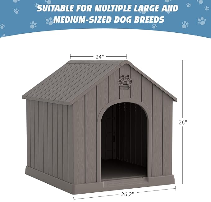 Dog House Outdoor Indoor for Medium Large Dogs, Durable Plastic Waterproof Doghouse with Air Vents and Elevated Floor, Easy Clean and Assemble (Grey, 26.18''L × 24.02''W × 25.98''H)