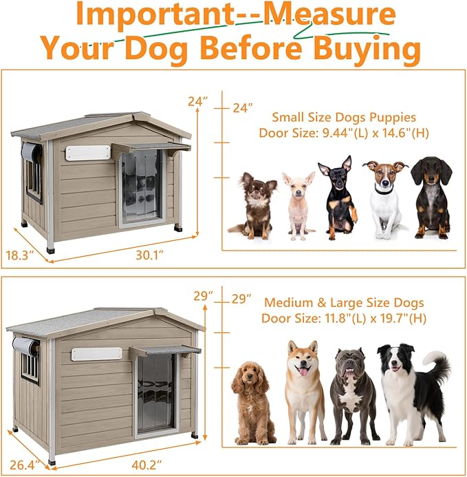 Dog House Indoor Outdoor with Chew-Proof Frame, Weatherproof Dog Kennel Puppy Shelter with Openable Asphalt Roof, Window, Easy to Clean for Small to Medium Dogs (30.1" L*18.3" W*24" H)