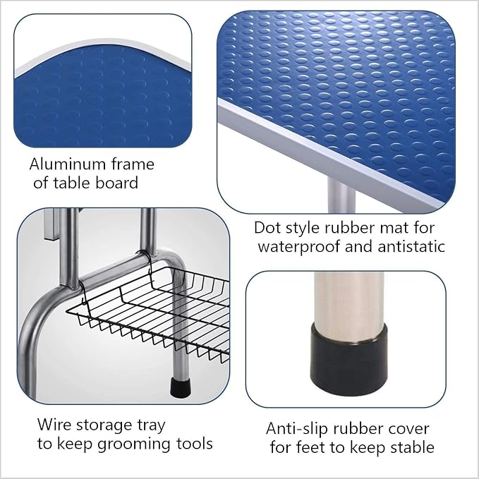 36" Dog Grooming Table Foldable Pet Grooming Tables with Adjustable Arm Noose Storage Mesh Tray Maximum Capacity Up to 330lbs Blue