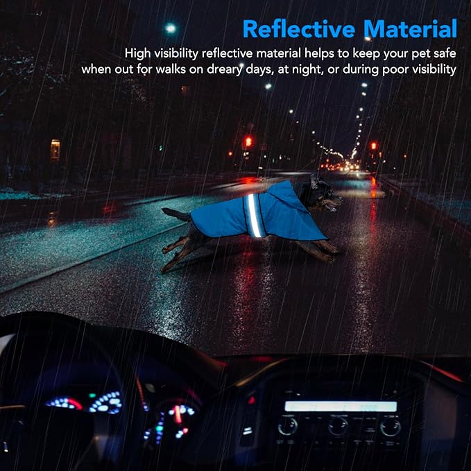 Adjustable Dog Raincoat with Hood - Waterproof Lightweight Slicker Poncho, Safety Dog Rain Jacket with Reflective Strip and Leash Hole for Small, Medium, Large Dogs (Large, Blue)