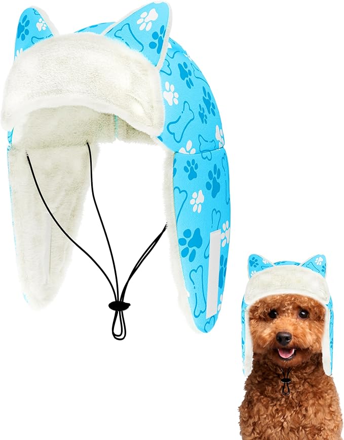 PET SHOW Dog Trapper Hat Winter Hat for Small Dogs Warm Fleece Aviator Hats with Ear Flaps Adjustable Outdoor Boy Puppy Pet Pilot Costume Cap S-Blue Paw/Without Ear Holes