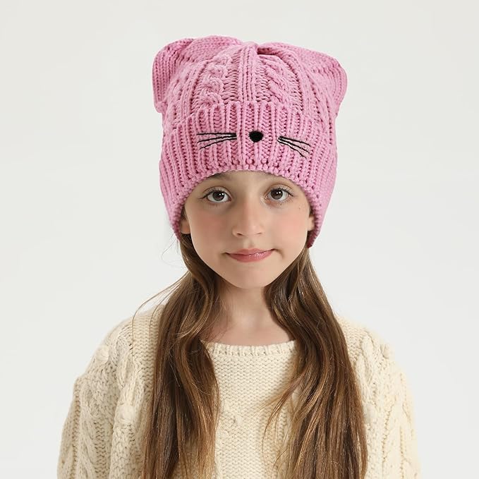 Kids Girls Cat Ear Hat Winter Warm Knit Beanie Cute Ski Skull Cap for Ages 7-12