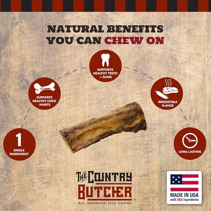 7" Beef Marrow Dog Bones for Aggressive Chewers, Large Breed Dog Treat, Natural, Tough, Chew Toy, Made in The USA, 3 Count
