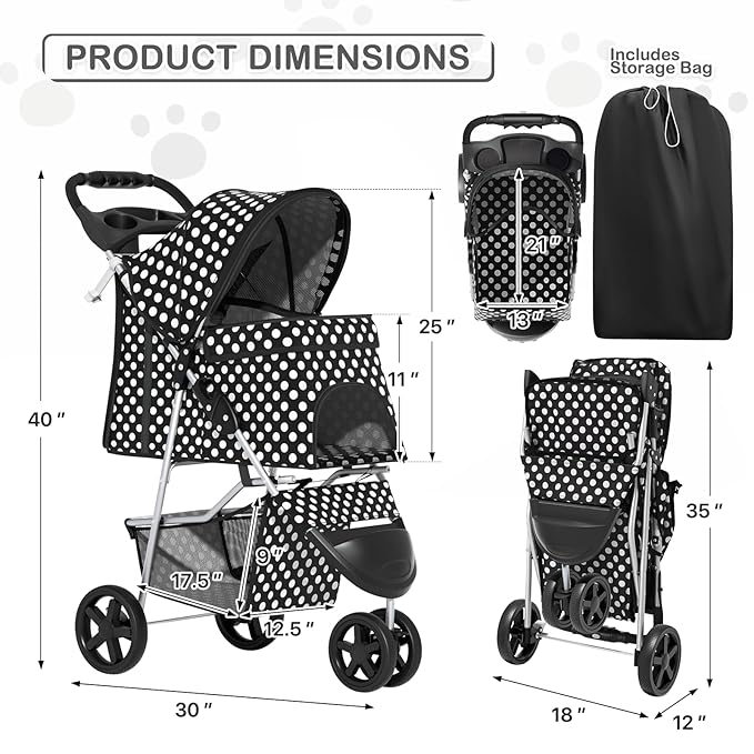 MoNiBloom 3 Wheels Pet Dog Cat Stroller for Small Medium Dogs Cats, Foldable Jogger Stroller w/Storage Basket and Cup Holder, Black Polka Dots
