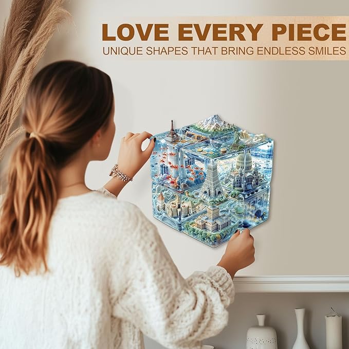 WOODBESTS Wooden Puzzles for Adults, Cube City Wood Puzzles Adult(170 Pieces, M, 11.4 * 10.6in), Unique Shape Wooden Animal Jigsaw Puzzles, Birthday Gifts for Adults Family Game