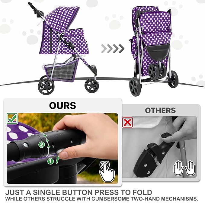 MoNiBloom 3 Wheels Pet Dog Cat Stroller for Small Medium Dogs Cats, Foldable Jogger Stroller w/Storage Basket and Cup Holder, Purple Polka Dots