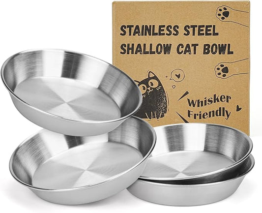 4-Pack Stainless Steel Cat Bowls for Food and Water, Shallow Whisker Friendly Non-Slip Silicone Bottom Dishes, Easy to Clean Indoor Feeding Kitten Metal Plate (5.9")