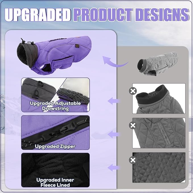 EMUST Thick Winter Dog Coat for Medium Boys - with Harness Hole for Cold Weather - Purple, M