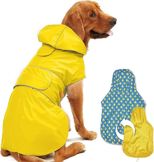 Dog Raincoat Reversible, Single Side Slicker Poncho Adjustable Waterproof Dog Rain Jacket with Leash Hole/Reflective Stripe Hooded Snowproof Windproof Clothes for Small to 3X-Large Dogs, L