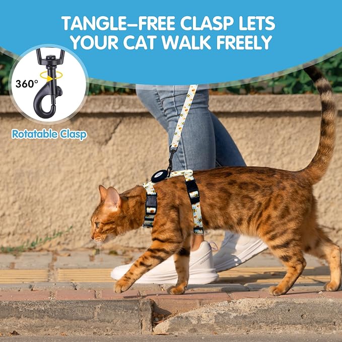 BINGPET Cat Harness and Leash Set Escape Proof for Walking,Adjustable Kitten Harness with Airtag Holder for Small Medium Large Cats (Cute Bee Print,Neck:8"-12",Chest:12.5"-18")