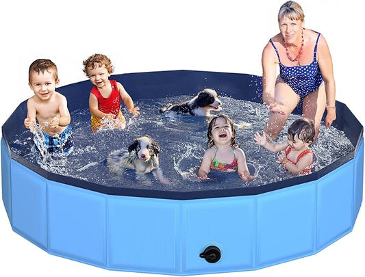 97" x 12" Foldable Dog Pool - Collapsible Hard Plastic Kiddie Pool for Dogs & Kids, Non-Slip Pet Bath Tub for Outdoor Backyard Use, Lightweight & Portable (Blue)