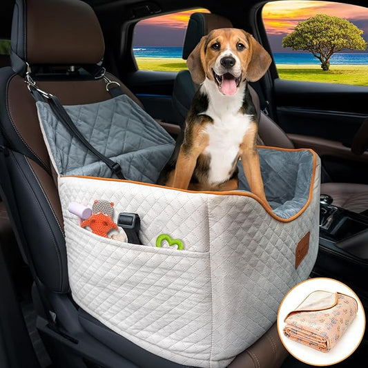 Memory Foam Booster Dog Car Seat with Washable Removable Cover, Elevated Pet Car Seat, Anti-Slip Sturdy Booster Seats for Small Dogs 35lbs, Seat Belt, Storage Pocket, Dog Blankets