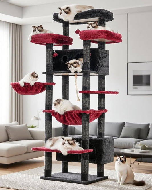 Cat Tree for Indoor Cats Large Adult, 74" Cat Tower for with 3 Big Platforms, 2 Baskets, 2 Condos, Multi-Level Cat Scratching Posts, Black and Red GCT030BR