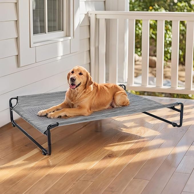 Veehoo Original Outdoor Elevated Dog Bed, Cooling Raised Dog Cot for Large Dogs, Portable Standing Pet Hammock Platform with Washable Breathable Mesh, No-Slip Feet, Large, Black Silver, CWC2201