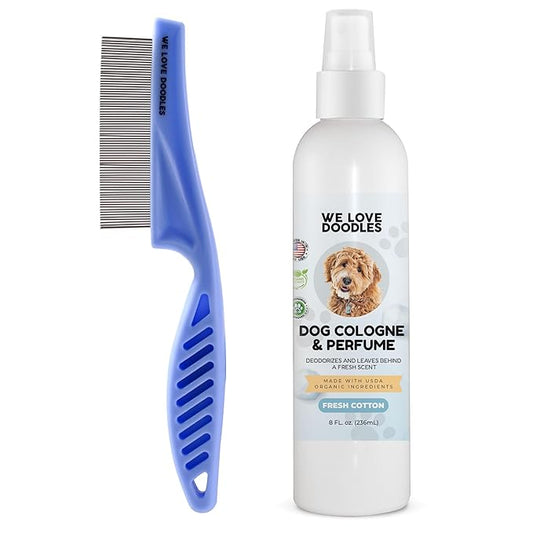 We Love Doodles Dog Face Comb and Dog Cologne & Perfume Bundle - Fine Tooth Flea Comb for Dogs and Tear Stain Remover Metal Comb - Deodorizing Pawfume for Pets, Organic, Long Lasting After Bath, Made