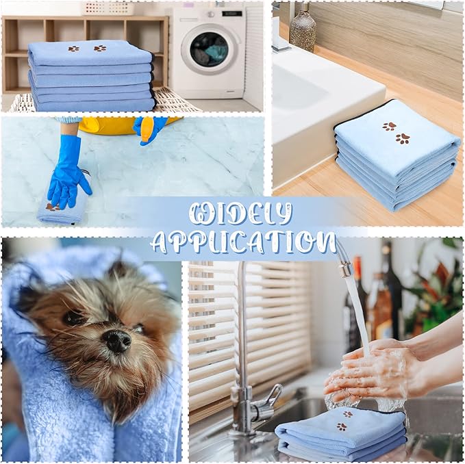 Tegeme 4 Pack Dog Towels for Drying Microfiber Soft Absorbent Pet Bath Towel Dog Drying Grooming Cloth with Embroidered Paw for Pet Cat Bathing Grooming(35 x 20 Inch,Blue)