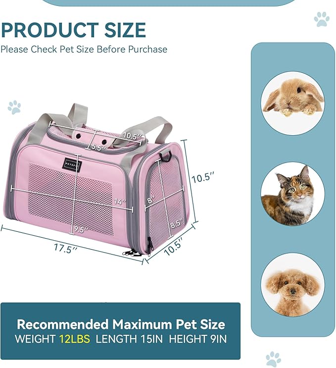 Airline-Approved Cat Carrier 17.5×10.5×10.5 in, Escape-Proof Design with Locking Zippers & Safety Leash, Easy-Access 3-Way Entry, Washable Mat, Gift-Ready Holiday Choice for Cats up to 12 lb