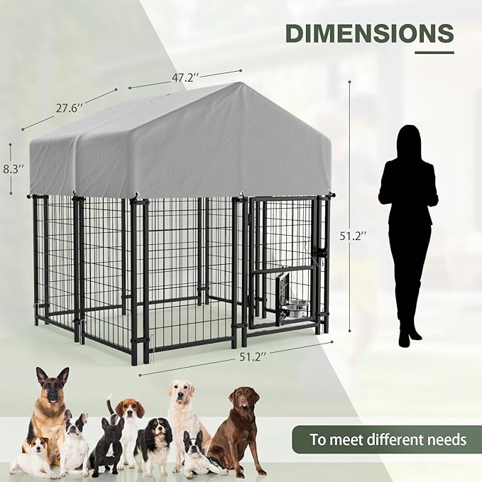 Greesum Large Outdoor Dog Kennel, Heavy Duty Welded Wire Steel Dog Playpen Fence with Secure Lock/UV-Resistant Waterproof Roof Cover/Rotaing Feeder Bowls, for Small/Medium/Large Dogs, L