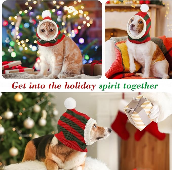 Pawaboo Christmas Pet Hat, Funny Knitted Pets Cap with Pompon, Cute Crocheted Snood Winter Warm Pet Hat, Neck Ear Warmer Hood Warm Scarf Xmas Decoration Santa Hats for Small Dogs, M, Red+Green