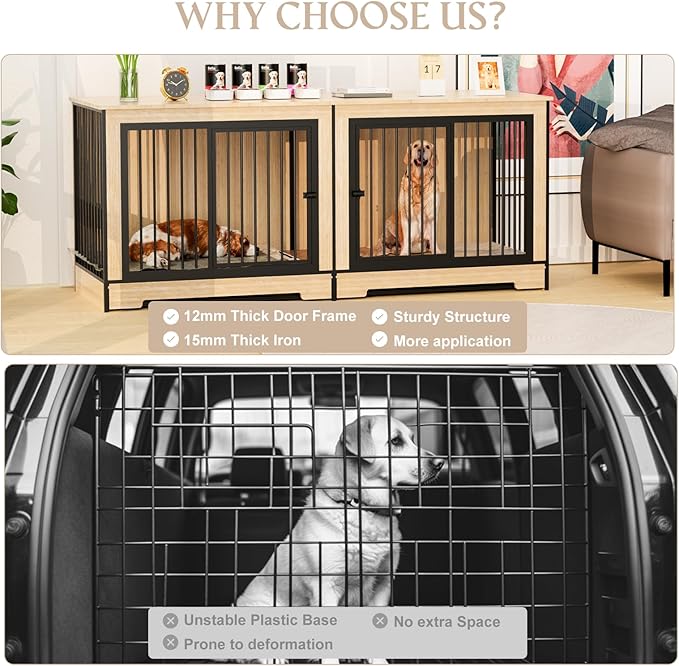 Furniture Dog Crate for Large Dogs, 75" Double Door Heavy Duty Dog Kennel with Removable Divider, XXL Wooden Dog Crate TV Stand, End Table, Pet Crate Cabinet for Home Decor